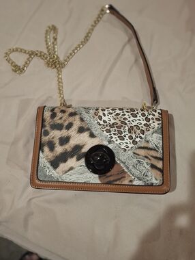 Leopard Patchwork Crossbody Bag with Gold Chain